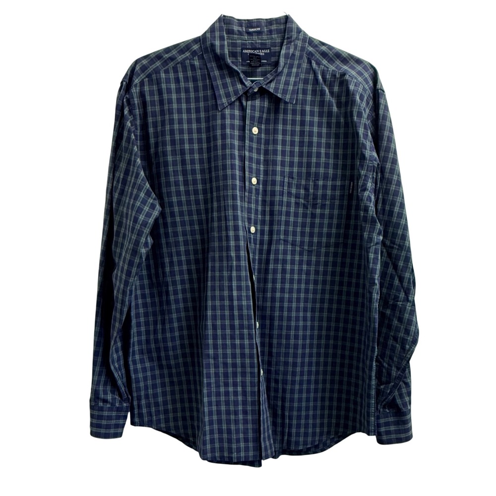American Eagle Outfitters Mens XL Navy Blue Green Plaid Classic Fit Cotton Shirt